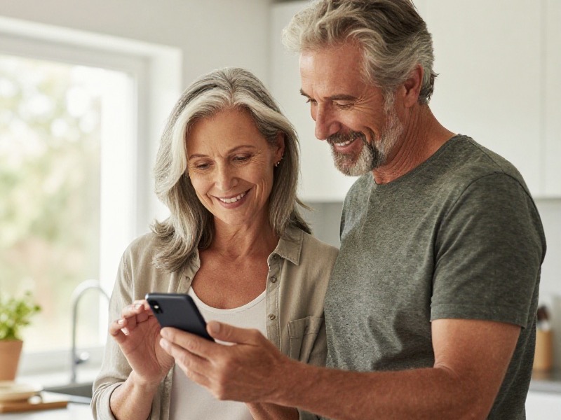 A smiling man and woman in their 50s sitting together outdoors looking at a smartphone, warm natural daylight, relaxed casual setting