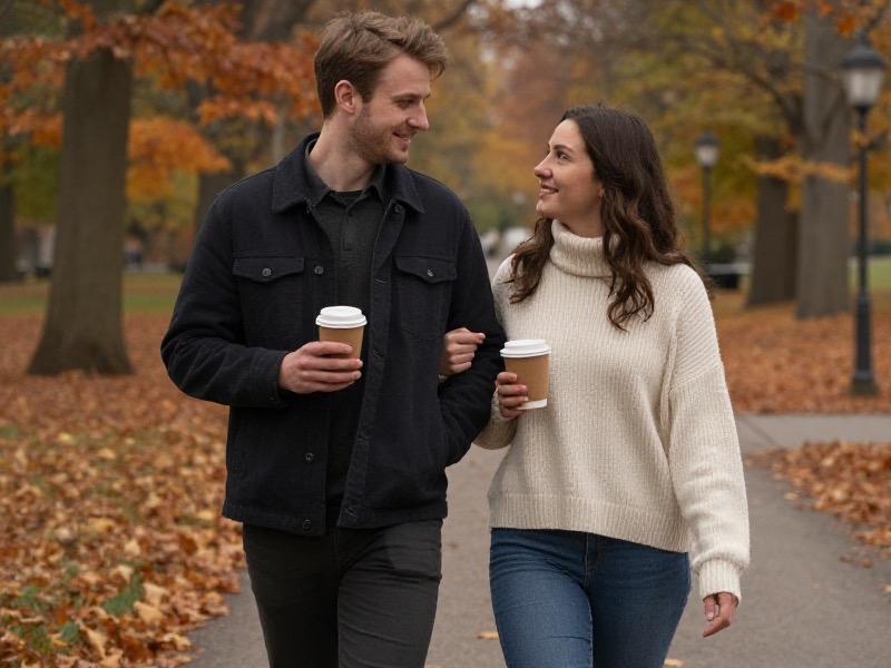 A couple in cozy knit sweaters sharing coffee at a small cafe table beside a frosted window, autumn leaves and string lights visible outside, warm late-afternoon light, both smiling as one glances at a phone