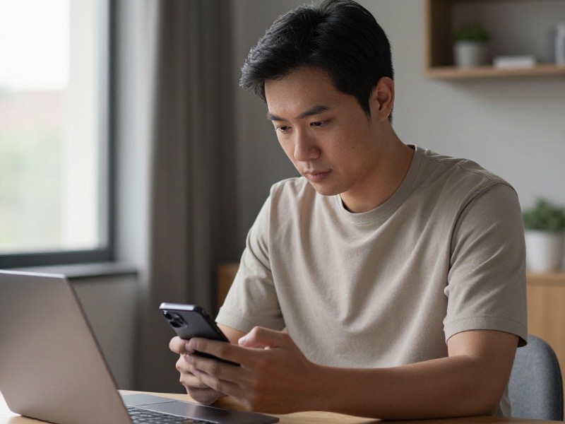 A person sits at a kitchen table reviewing the privacy settings screen of a dating app on a smartphone with a laptop open beside them in soft morning light, photo-realistic style.
