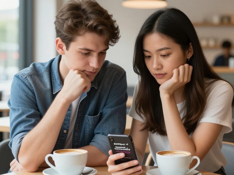 Young man and woman at a modern cafe table comparing dating app subscription options on a smartphone, soft daylight