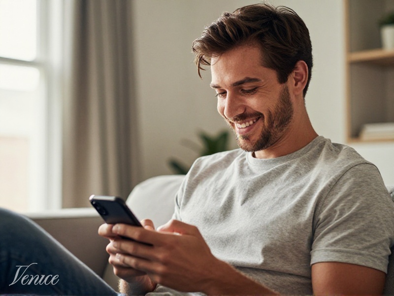 A smiling young man sits on a sofa with a coffee mug, thoughtfully typing a friendly first message on his smartphone while using a dating app at home.