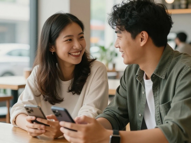 A smiling young woman sitting by a sunny window holding her phone during a relaxed video call, warm daylight, a coffee mug on the table, conveying trust and genuine connection in online dating