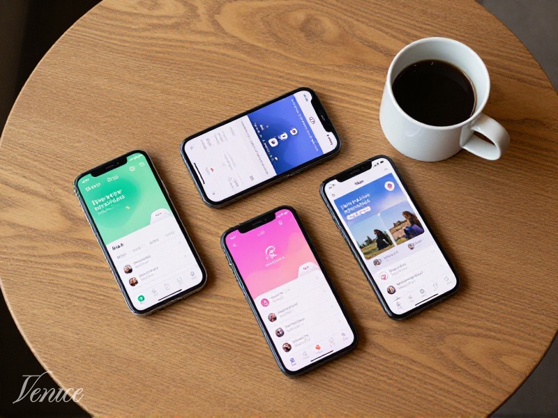 Three smartphones on a table showing Hinge, Tinder, Bumble logos, coffee cup beside, modern flat-lay photography