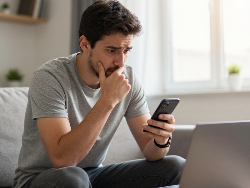A woman sitting on a sofa with a coffee, looking tired as she scrolls through a phone screen crowded with dating app notifications, warm evening light