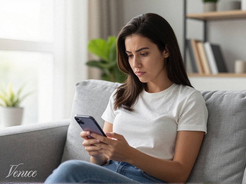 Woman on couch with smartphone, thoughtfully examining a dating-app profile, soft natural daylight, modern apartment background