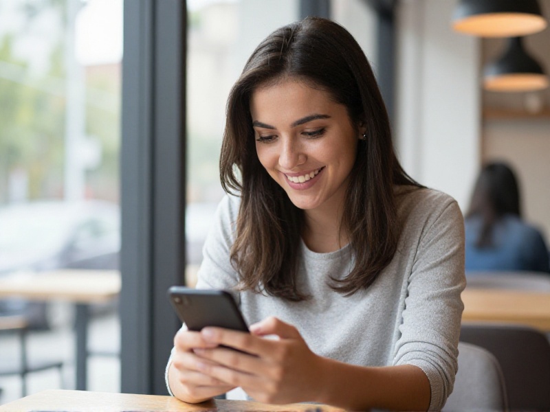 A young man sitting on a sofa near a bright window, smiling as he reads a message on his phone, a warm coffee mug beside him, natural daylight, conveying genuine excitement about a new online dating conversation