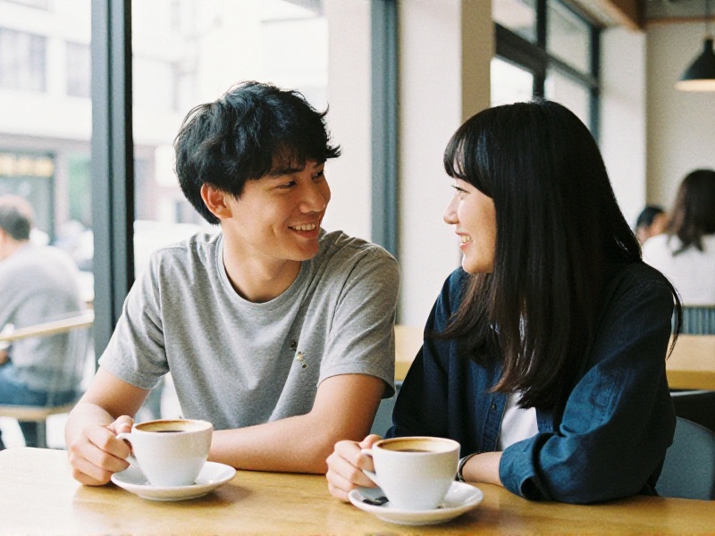 A young couple sitting across a small café table, laughing warmly over coffee in soft natural morning light while one glances at a phone.