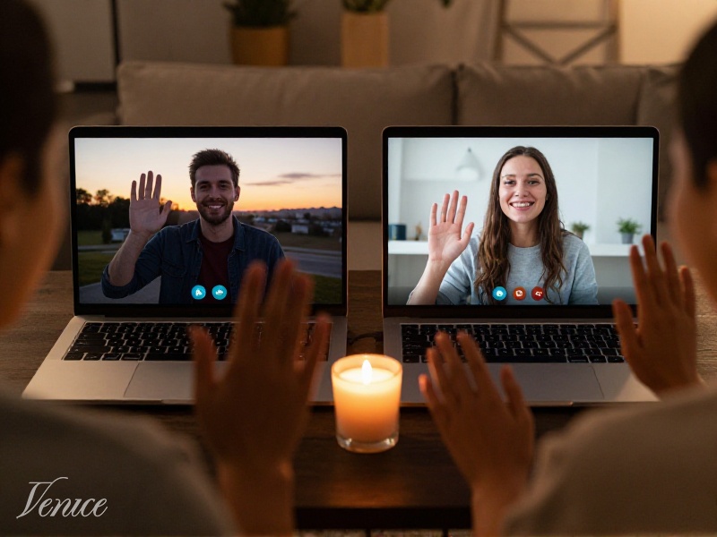 Young couple on a video call across two cities at dusk, laptops open, warm window light, long-distance dating in 2026