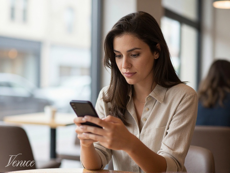 Young woman in 2026 checking a dating app on her phone in a bright public cafe, calm and confident expression, daylight, safety-focused online dating concept