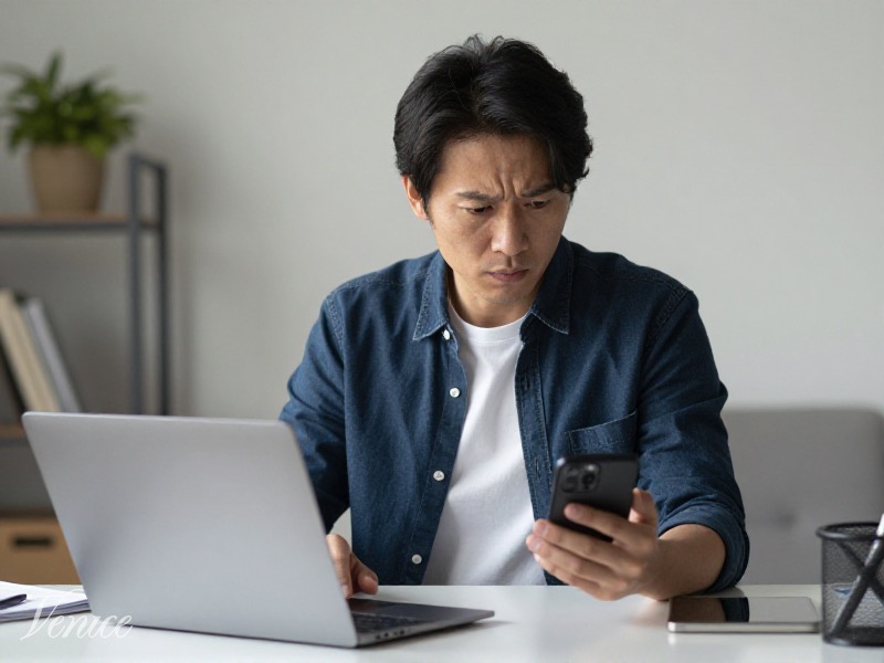 A person carefully reviewing a dating app profile on a smartphone with a cautious expression, modern setting with soft natural light