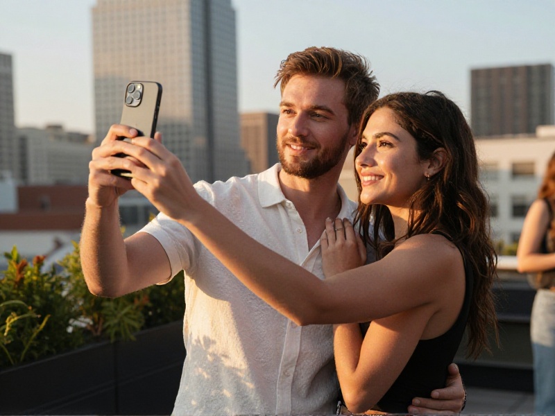 A young couple at a rooftop event in warm evening light, the man taking a photo of his smiling partner for social media while she glances away, city skyline blurred behind them