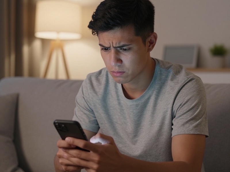 A man in his late twenties sitting on a sofa at night holding his phone with an empty match screen glowing on it, warm lamp light and a half-finished cup of tea on the table beside him